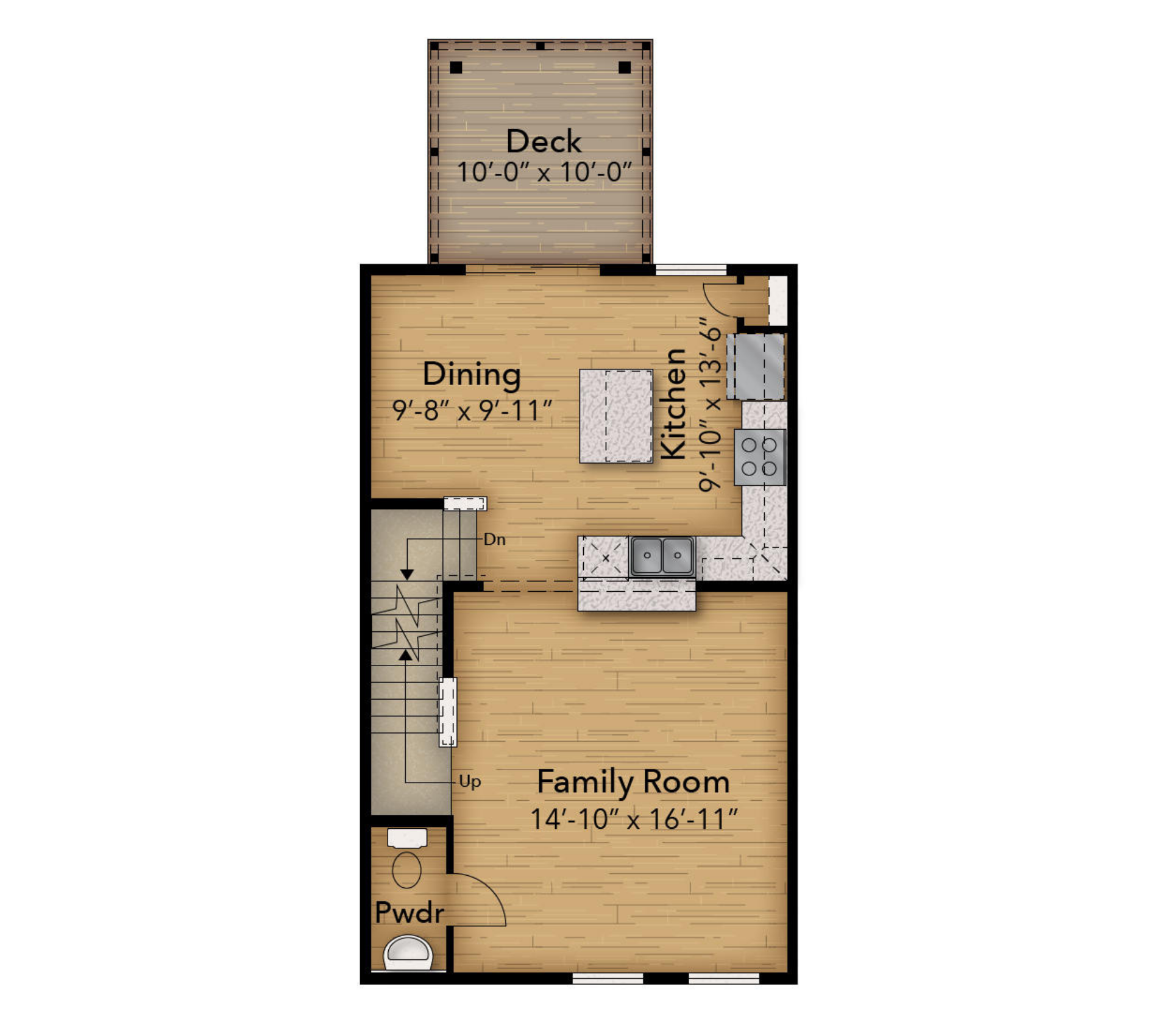 Main level floorplan with open family room, kitchen with island, dining area, powder room, stairs, and rear deck.