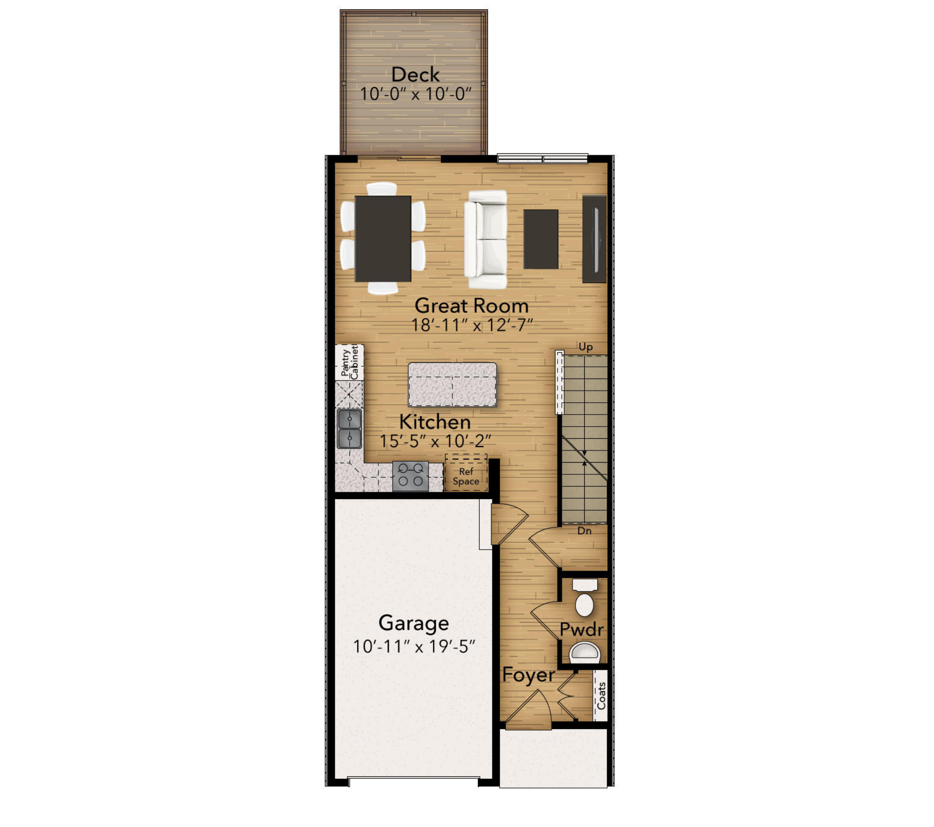 Main level floorplan with foyer entry, powder room, attached garage, kitchen with island, open great room, and rear deck.