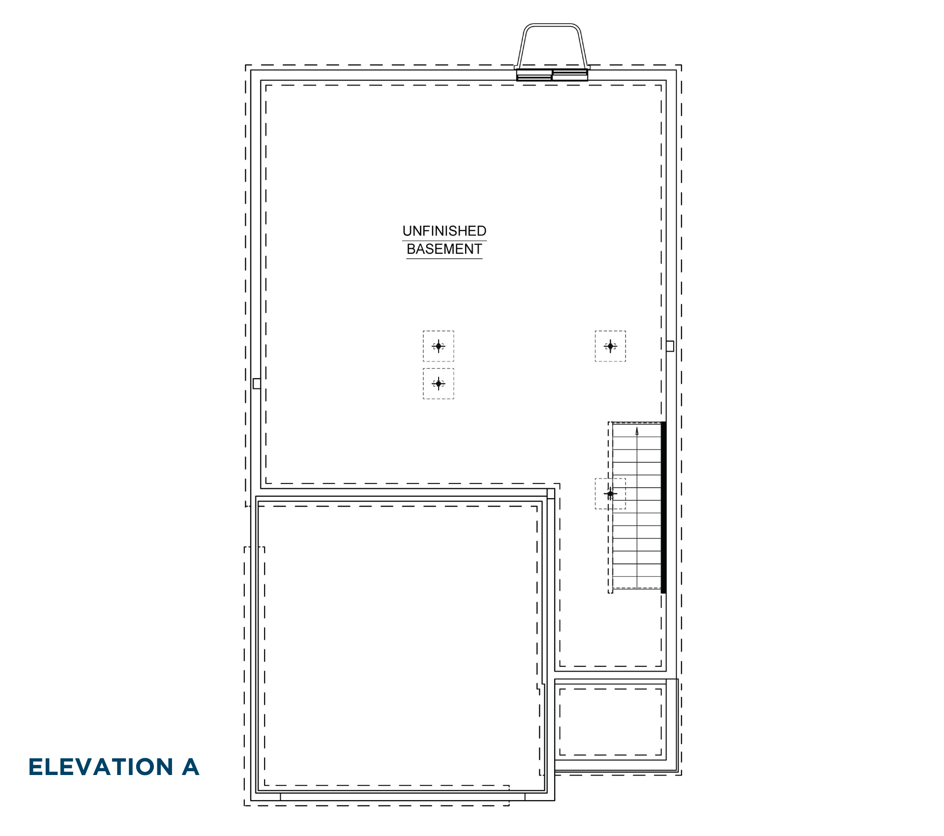 Unfinished basement floorplan with open storage space, and stair access.
