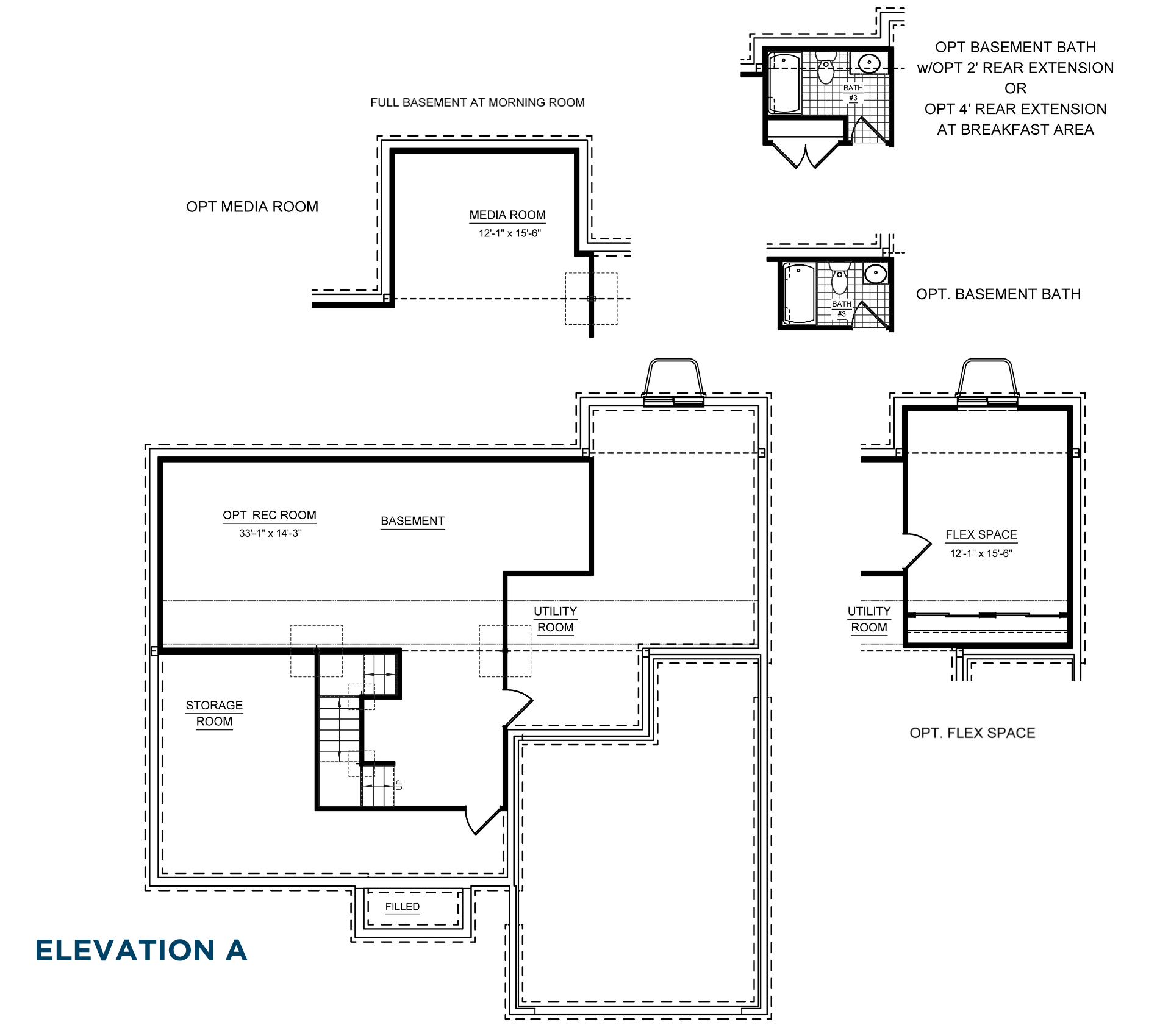 Basement floorplan with unfinished storage and utility areas, plus optional recreation room, media room, flex space, and full bathroom layouts.
