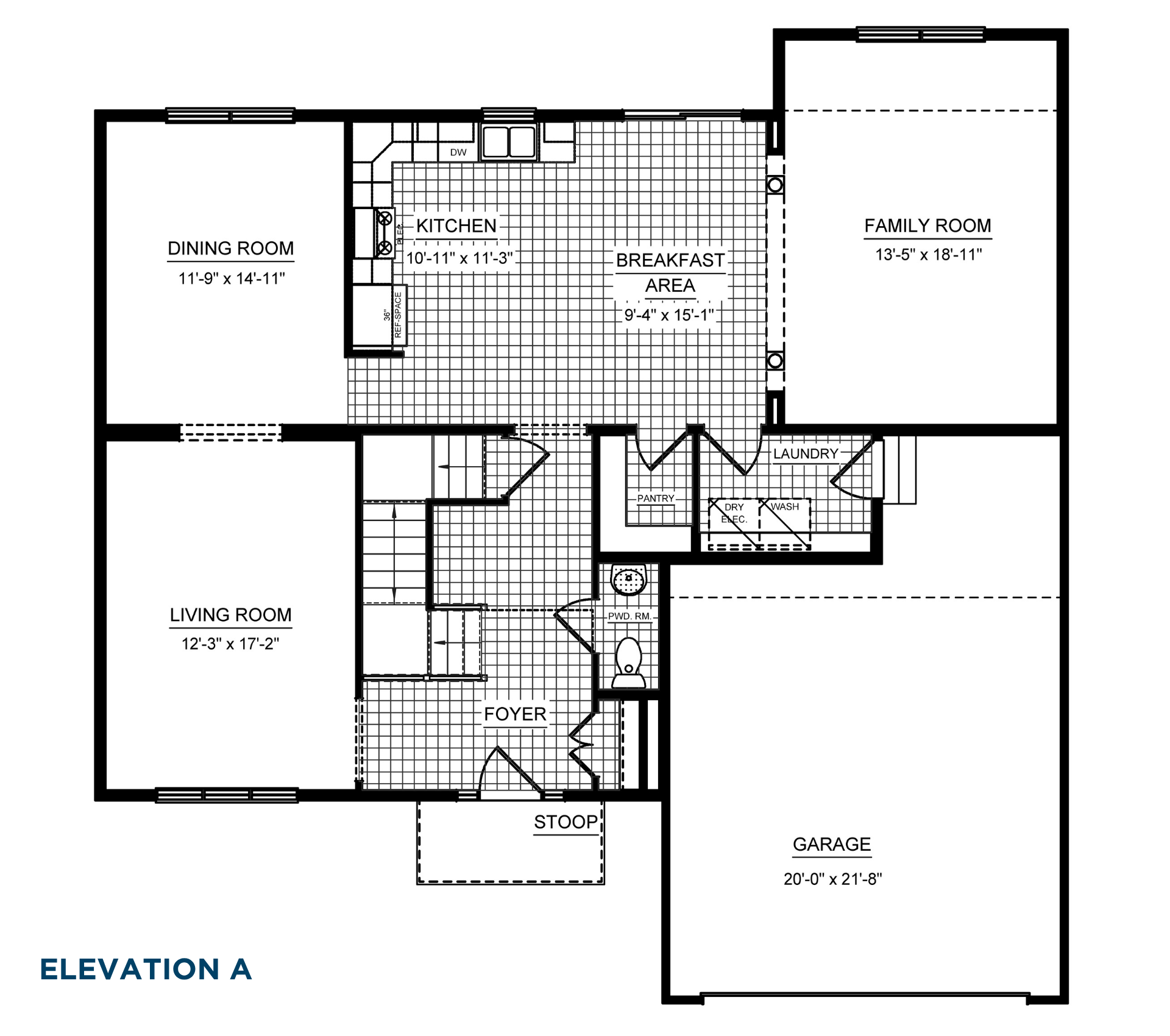 Main level floorplan with foyer, living room, dining room, kitchen, breakfast area, family room, laundry room, powder room, and attached garage.