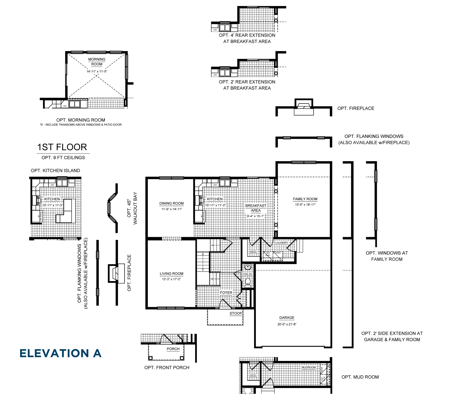 Main level floorplan options including morning room, kitchen island, fireplace, front porch, mud room, rear extensions, bay window, and additional windows.