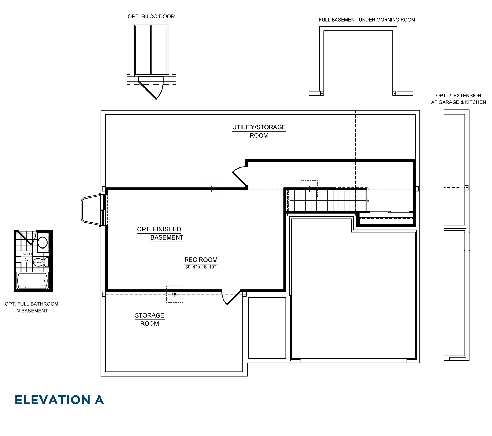 Basement floor plan showing optional finished recreation room, separate storage room, utility area, staircase, optional full bathroom, optional 2 foot side extension, and opt. bilco door.