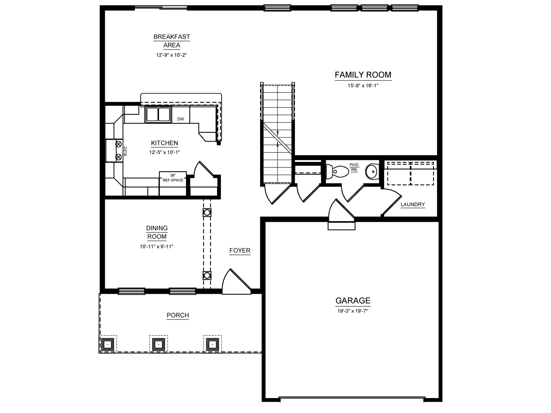 Floorplan drawing - main level living area with 2 car garage