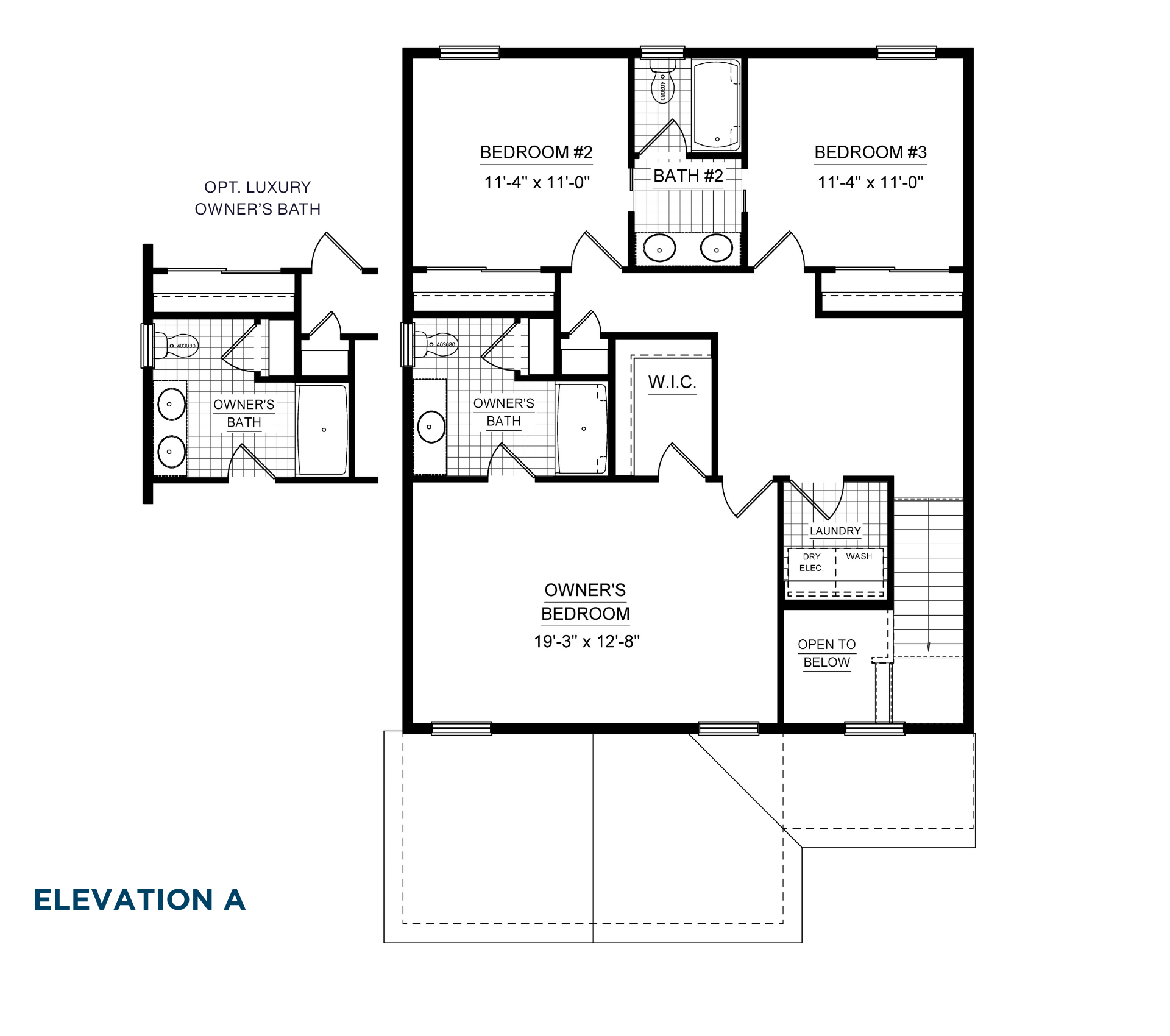 Second floor floorplan with owner's suite, walk-in closet, private bath, two secondary bedrooms, full bath, and laundry room