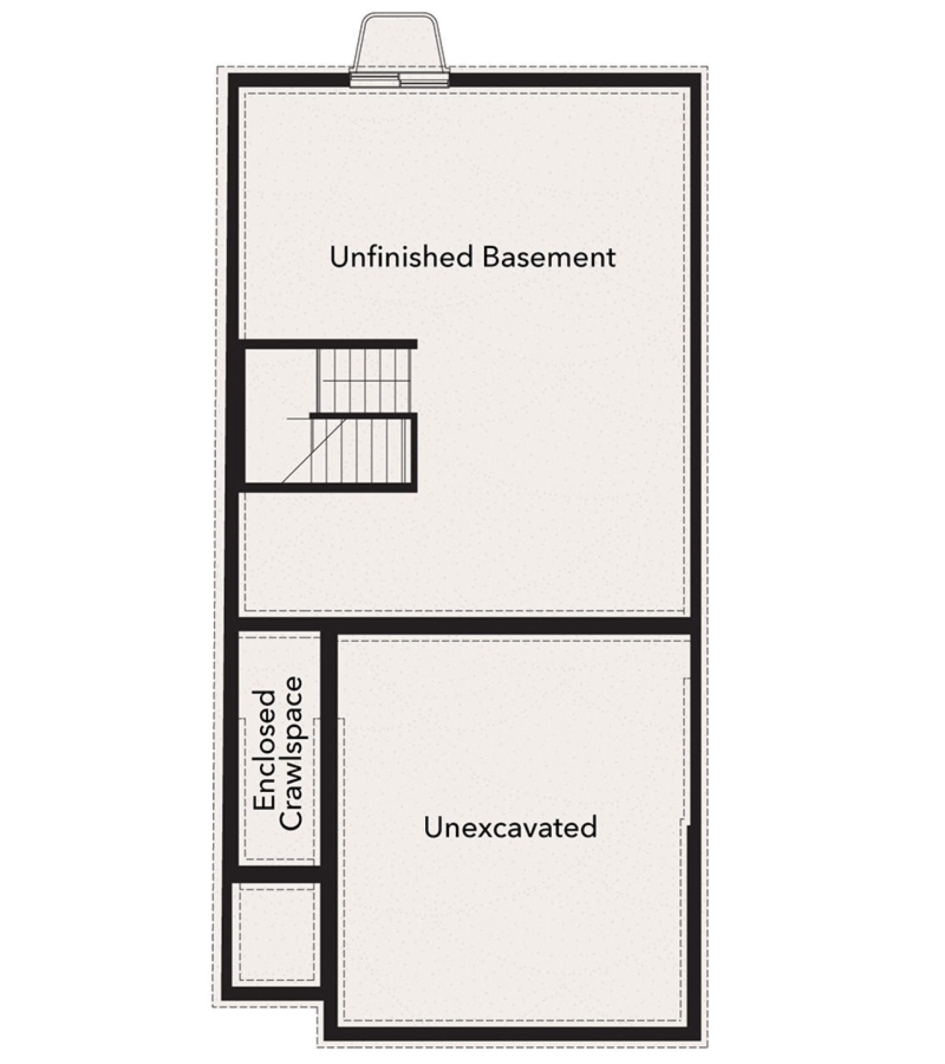Unfinished basement floor plan with stair access, enclosed crawl space, and unexcavated storage area.