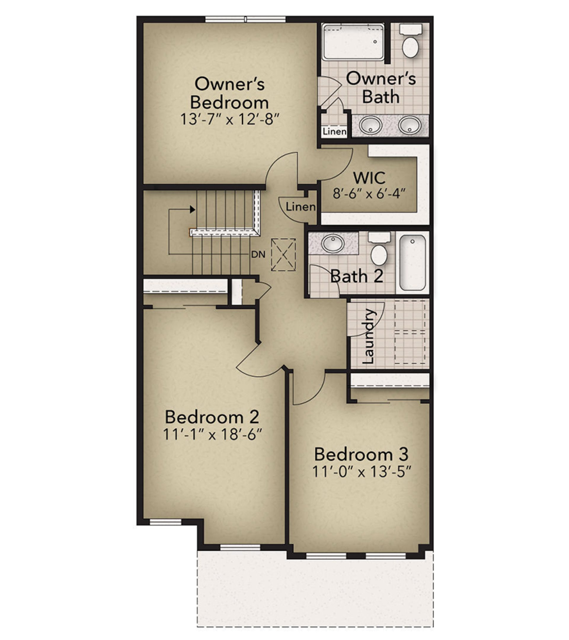 Second floor plan with owner's suite, private bath, walk-in closet, two bedrooms, full bath, and laundry room.