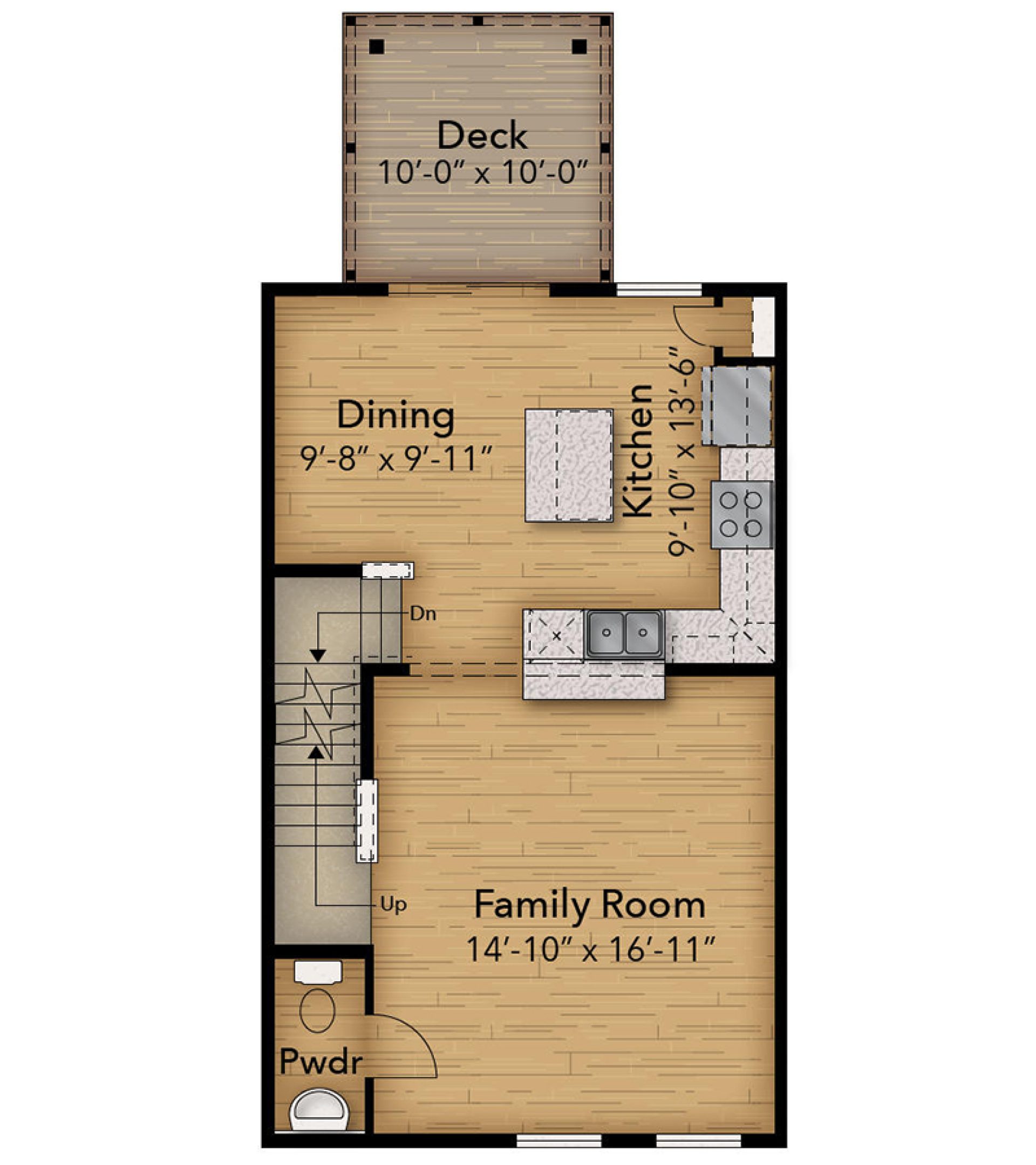Main level floor plan with an open kitchen, dining area, family room, powder room, and a 10-by-10 rear deck.