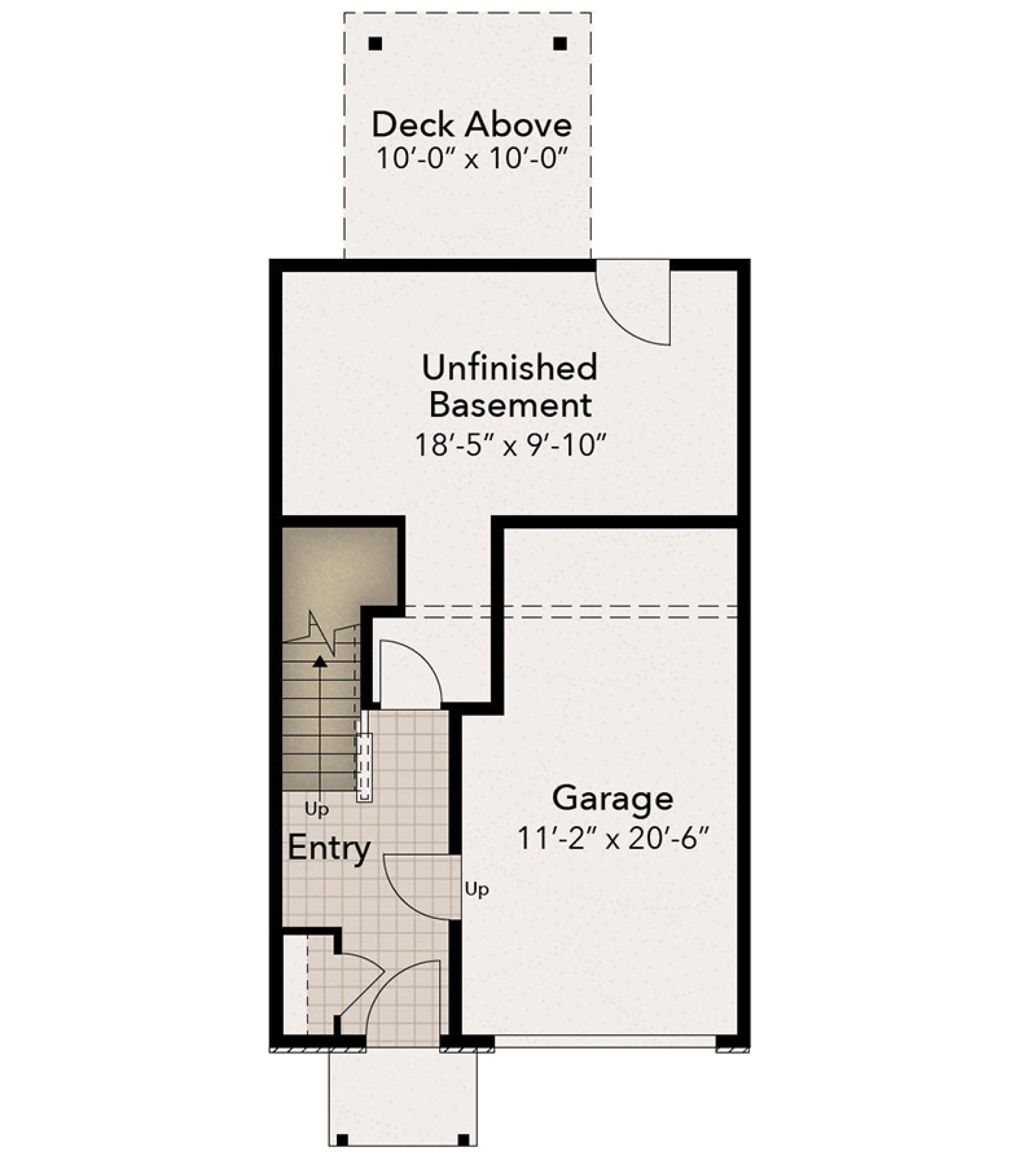 Ground level floor plan featuring a one-car garage, entry foyer, unfinished basement, and stair access to the main level.