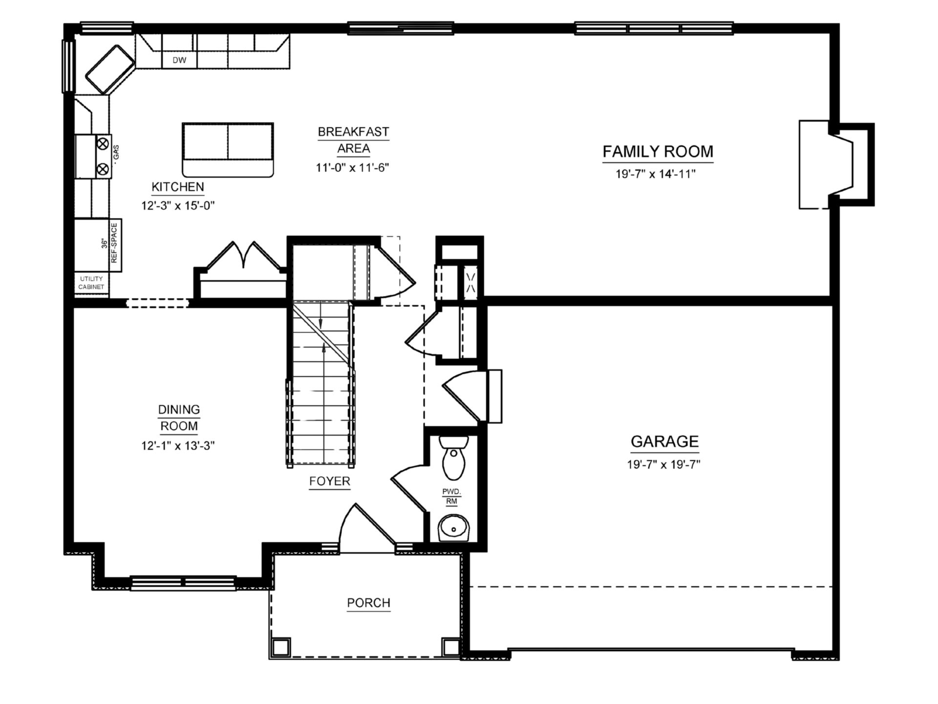Floorplan layout of two-story home with main level living area and 2 car garage
