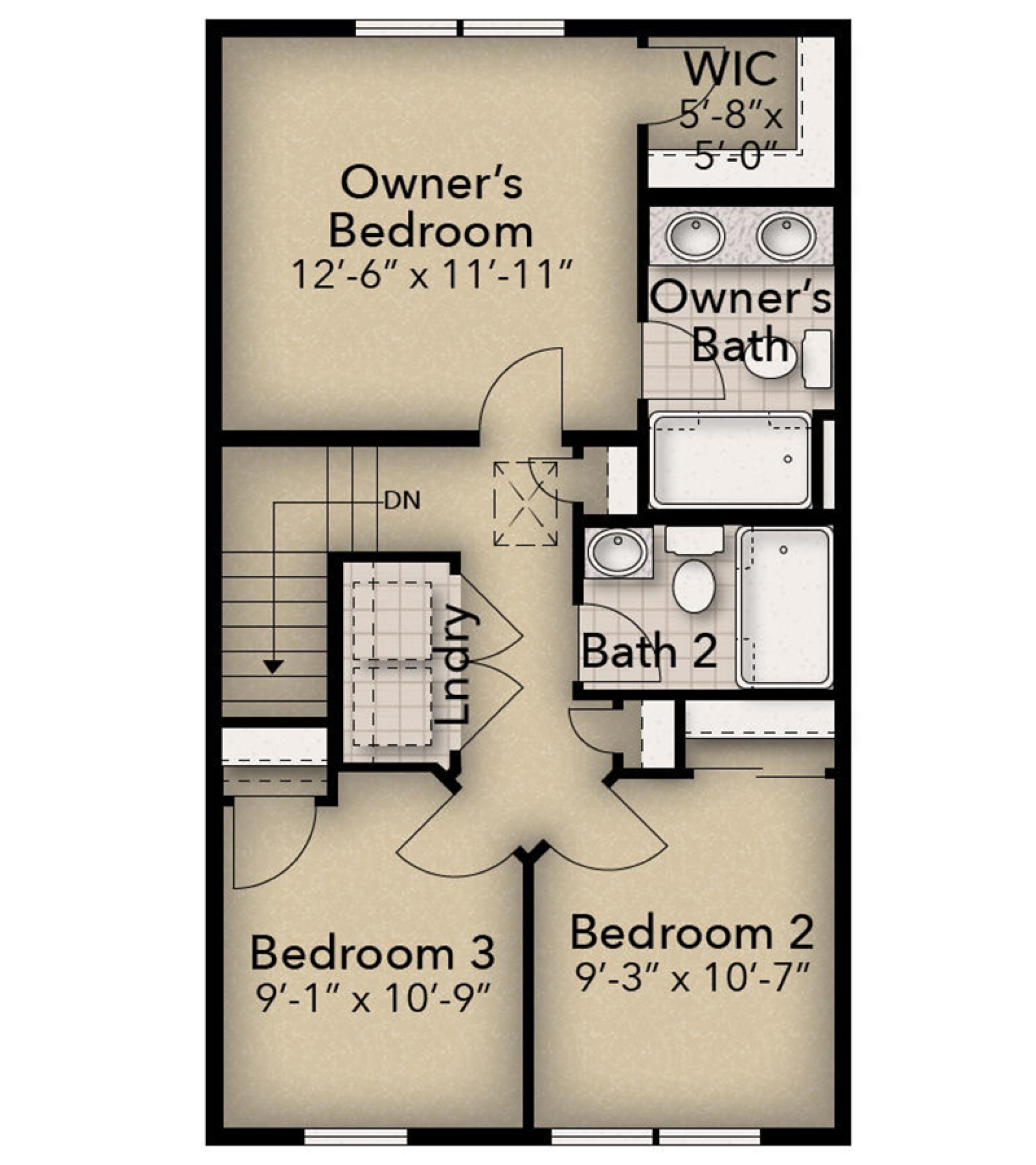 Floorplan drawing - 2nd floor living area with 3 bedrooms and 2 baths