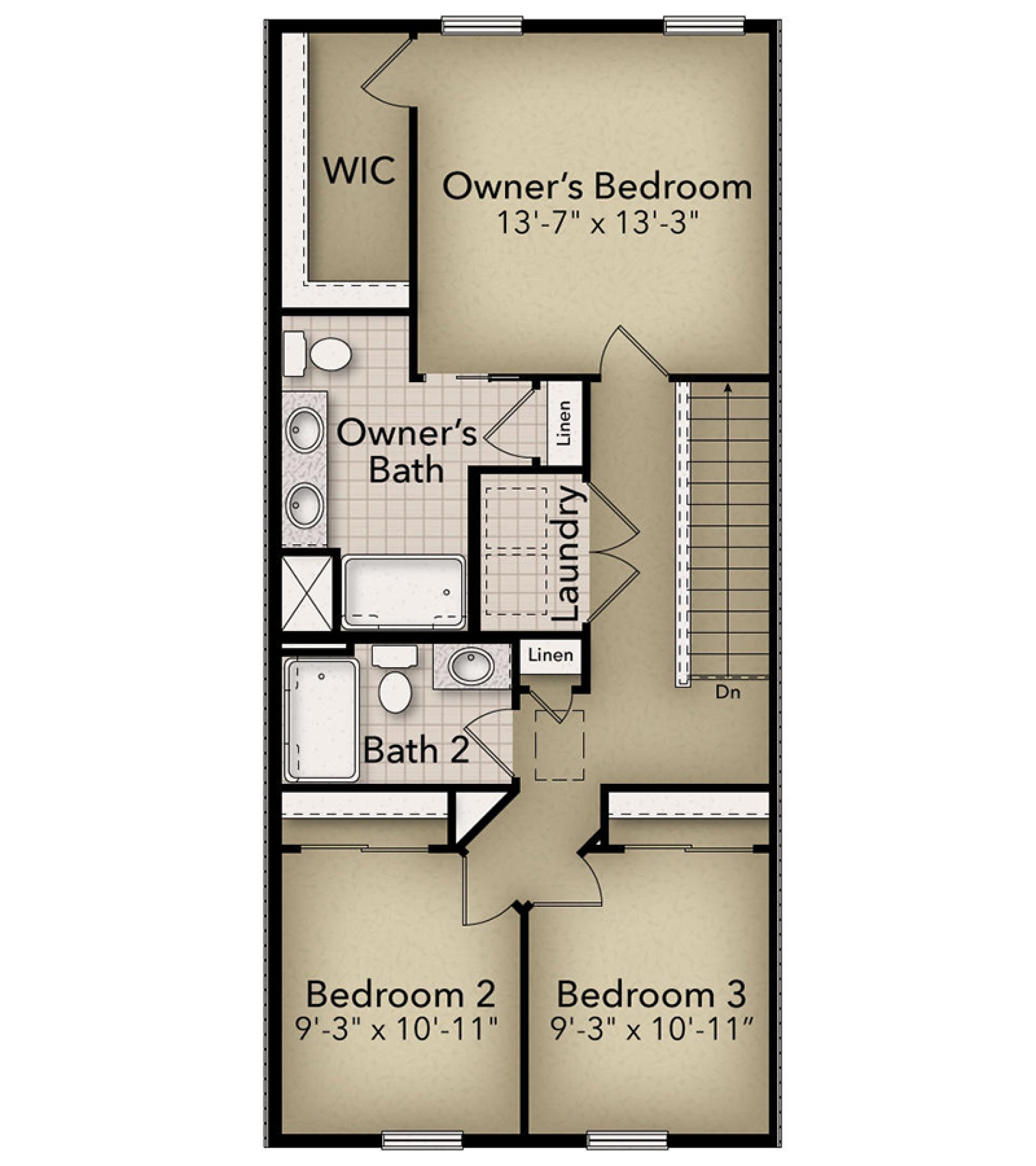 Floorplan Layout - Second Floor area with 3 bedroom, 2 full baths, and laundry