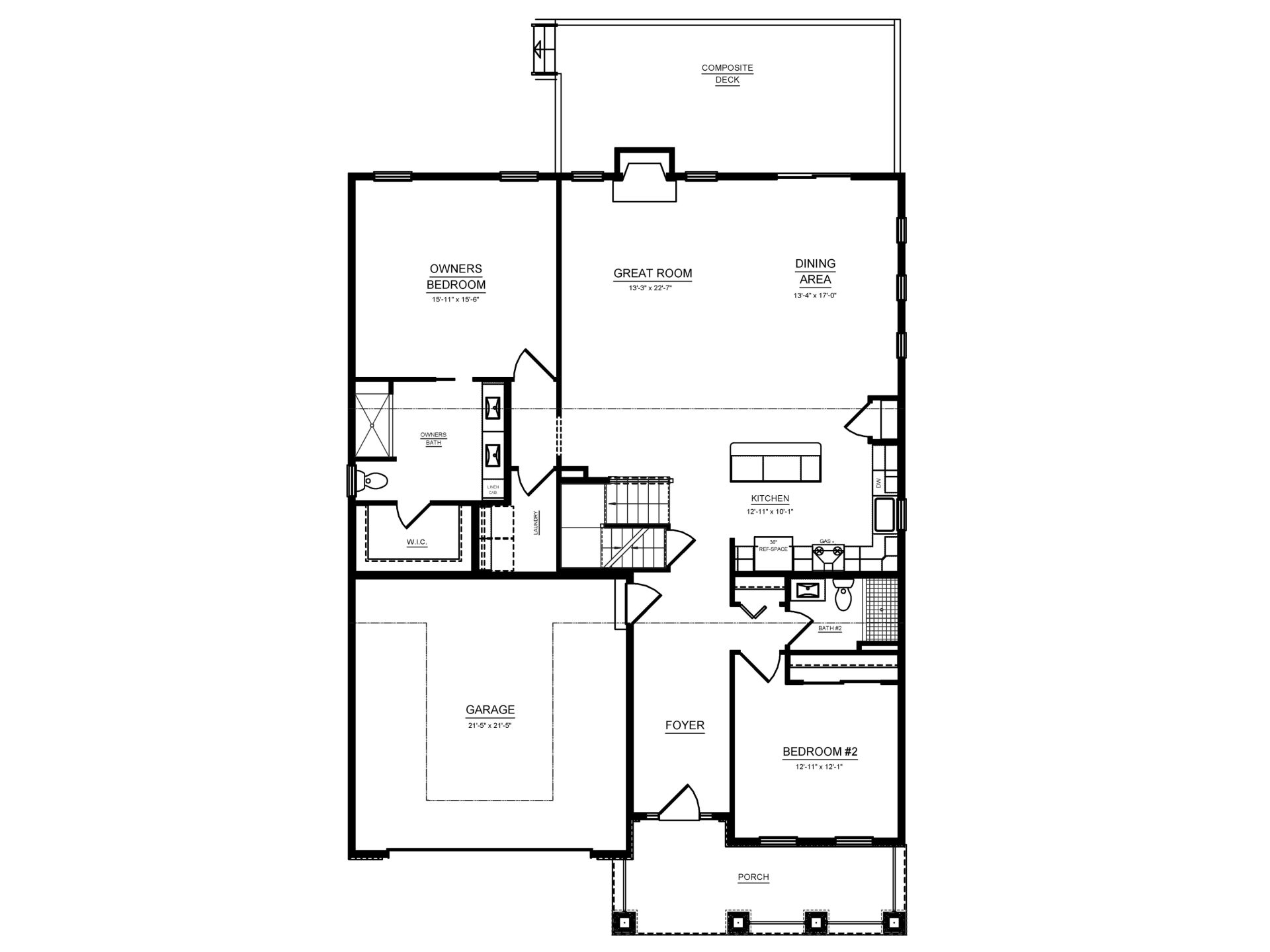 Floorplan drawing - main level living area with 2 car garage