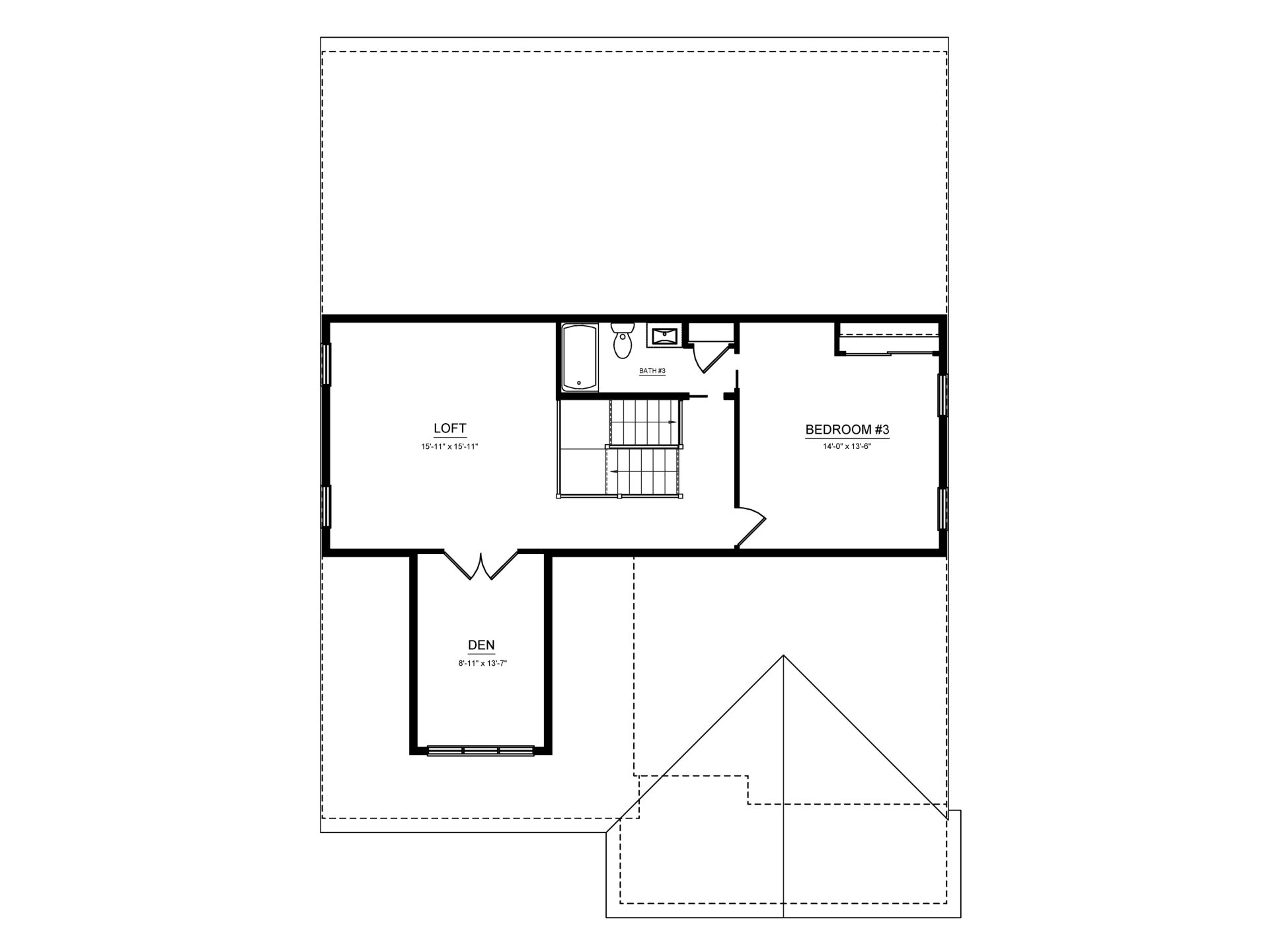 Floorplan drawing - 2nd floor living area with loft, 3rd bedroom, full bath, and den