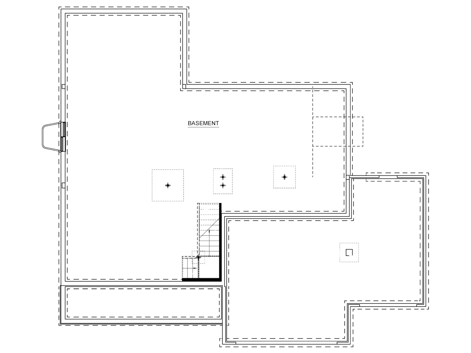 Unfinished basement floor plan with open layout, stair access, utility locations, and walkout area for future finishing options.