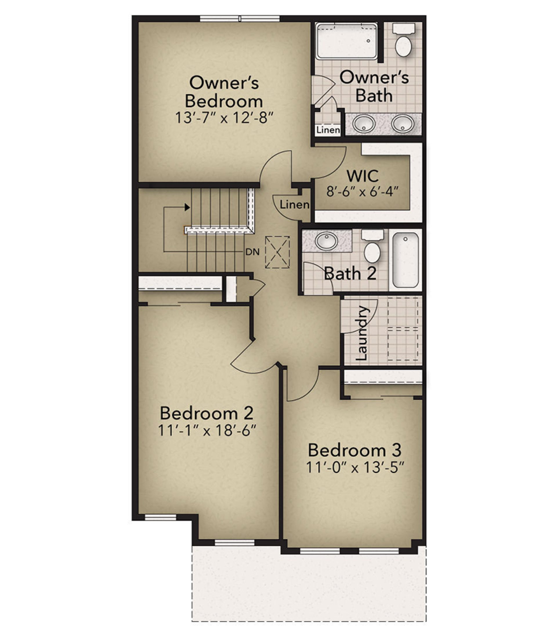 Second floor plan with three bedrooms, two full baths, a walk-in closet, and convenient second-floor laundry.